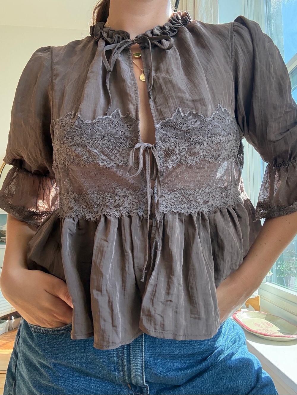 Taupe Brown Lace-Trim Tie Peplum Blouse